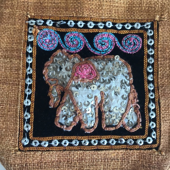 Embroidered Tan Hemp Boho Elephant Bag - Picture 2 of 6
